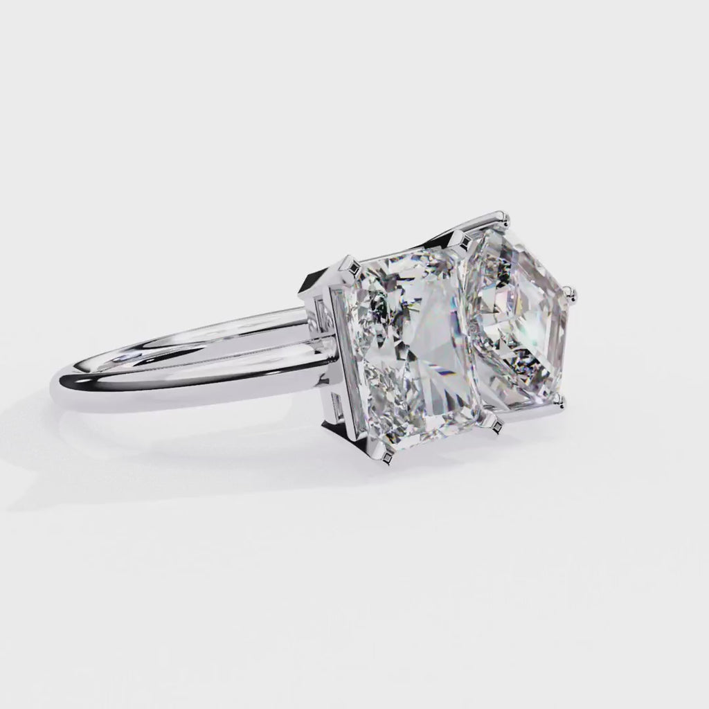 Radiant and Asscher lab grown diamond Toi Et Moi engagement ring