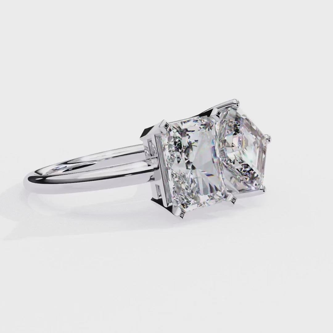Radiant and Asscher lab grown diamond Toi Et Moi engagement ring