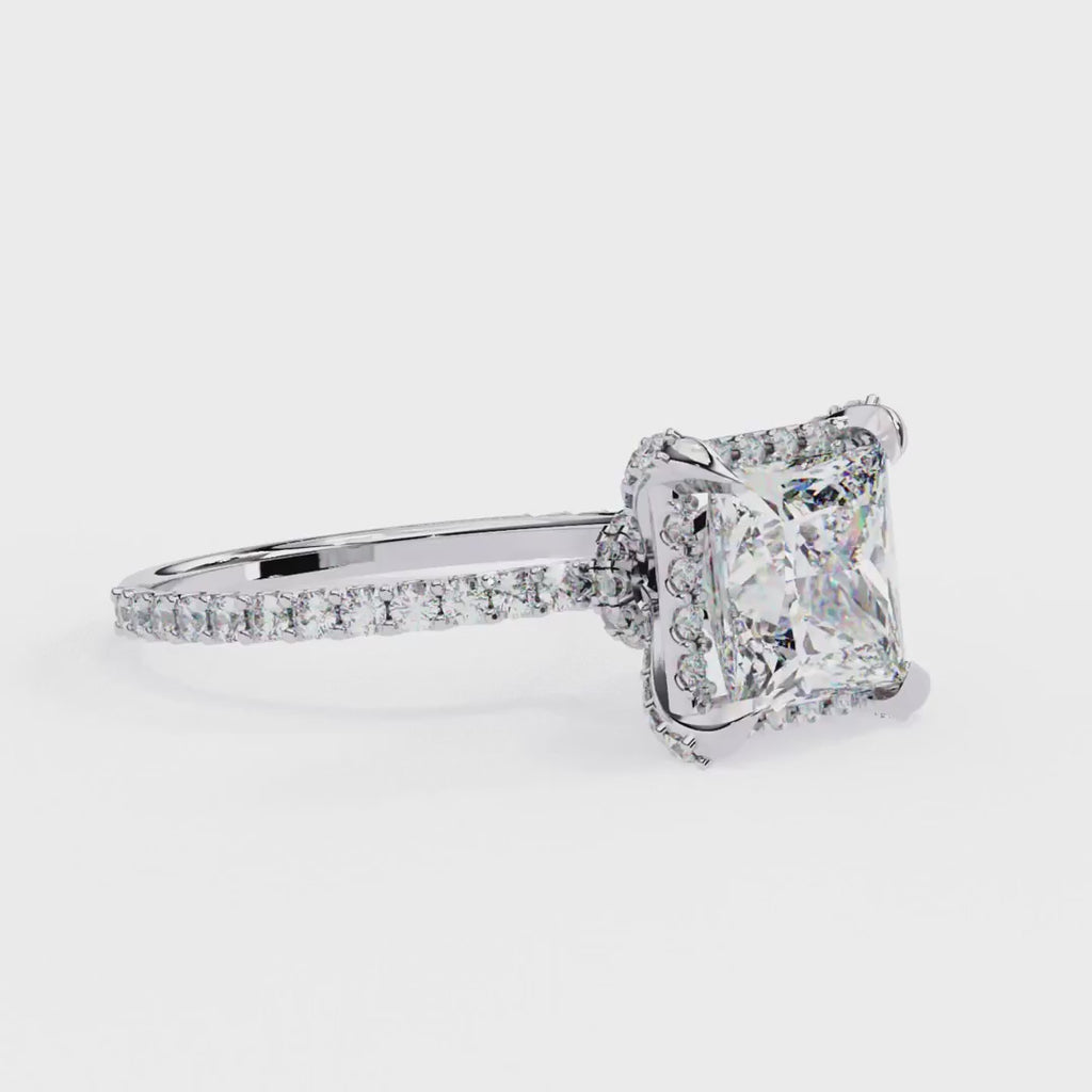 Modern princess cut diamond ring with pavé band