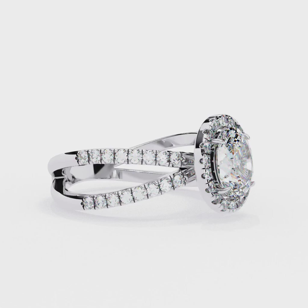 Oval halo diamond engagment ring with crossover design