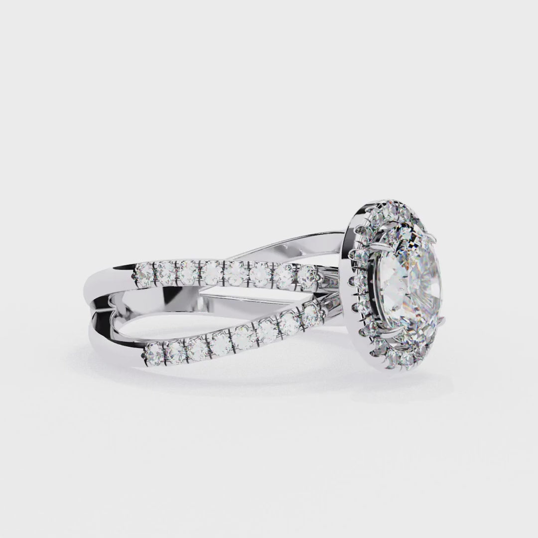 Oval halo diamond engagment ring with crossover design