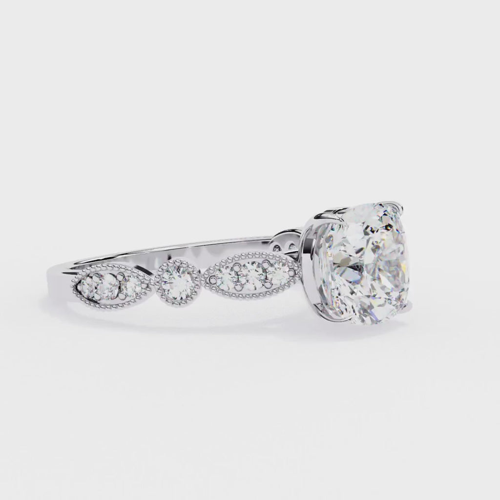 Cushion-cut diamond ring in Milgrain Cathedral setting