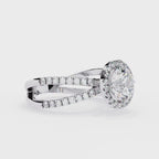 Round halo diamond engagment ring with crossover design