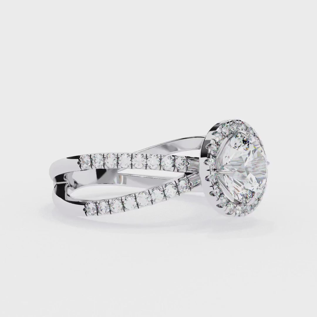 Round halo diamond engagment ring with crossover design