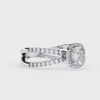 Cushion cut halo diamond engagment ring with crossover design
