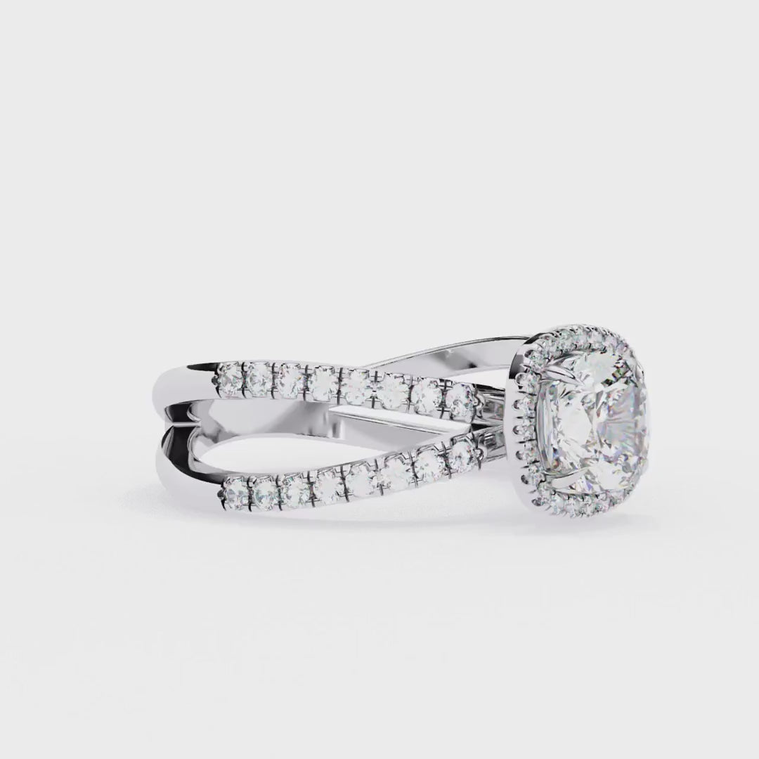 Cushion cut halo diamond engagment ring with crossover design