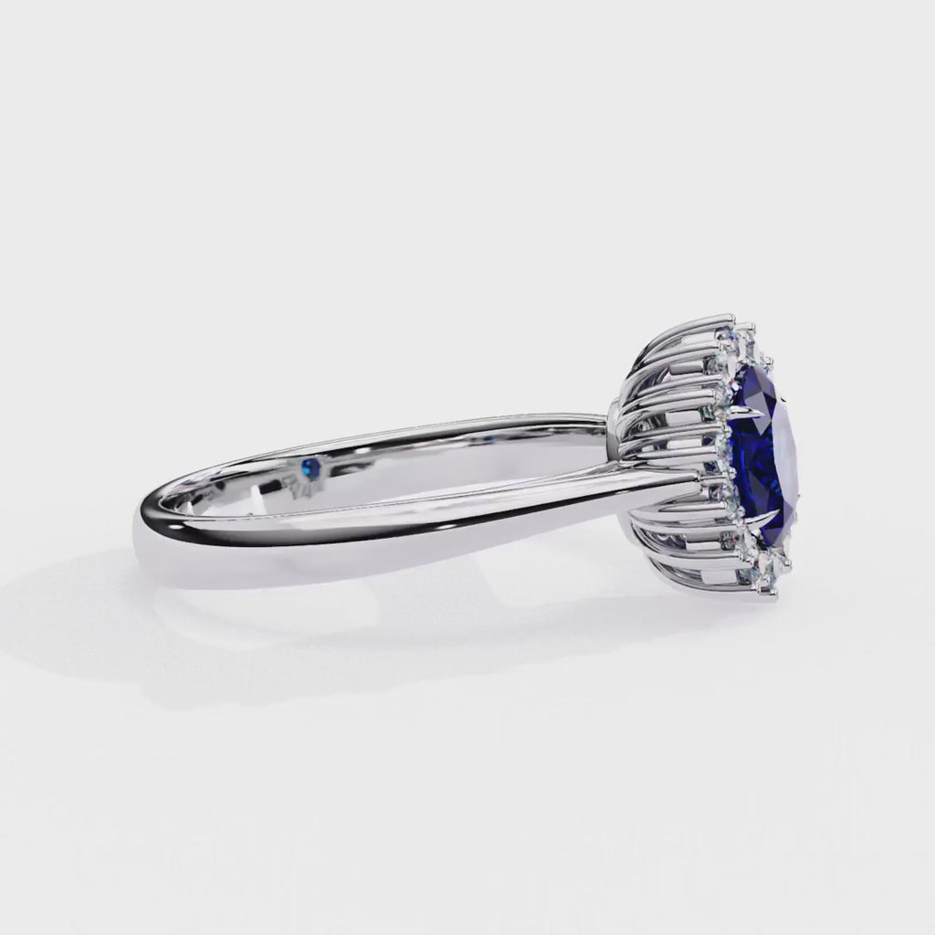 Oval blue sapphire and diamond halo engagement ring 