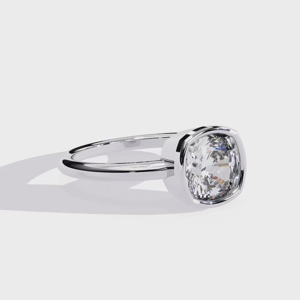 Bezel Floating Cushion Cut Solitaire Diamond Engagement Ring
