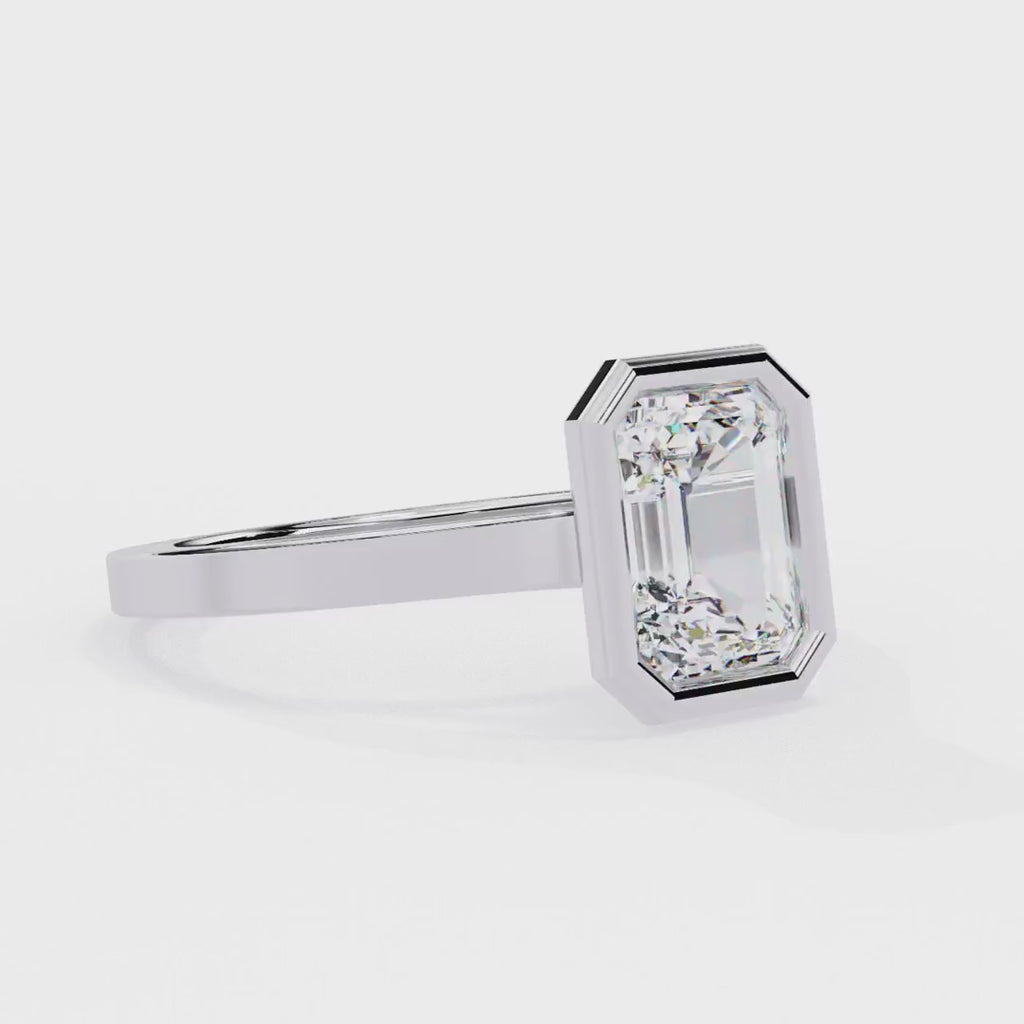 Bezel Floating Emerald Cut Solitaire Diamond Engagement Ring