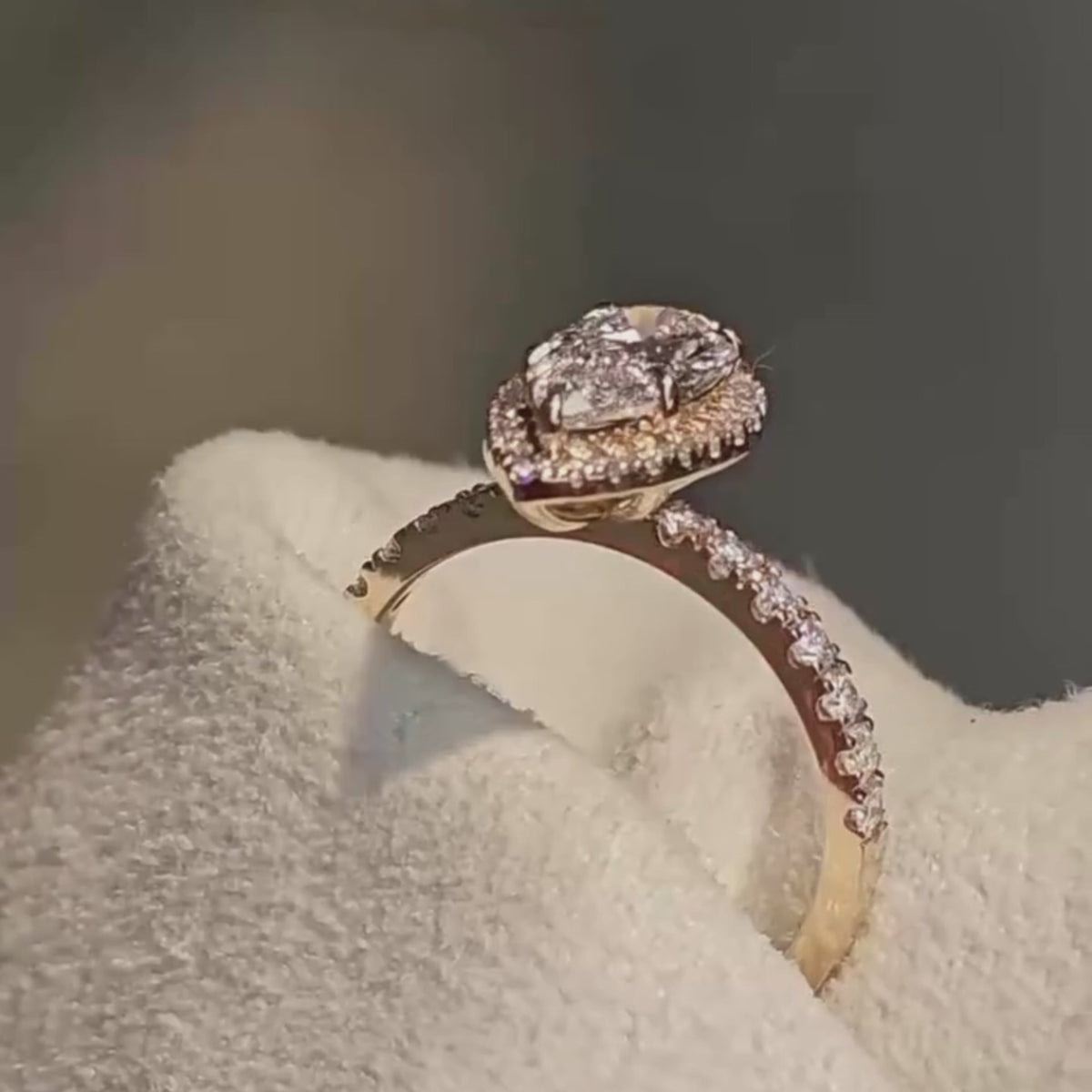 Pear Cut Halo Diamond Engagement Ring with Pave Band in Gold