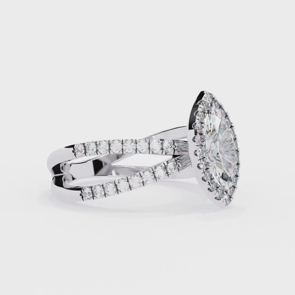 Marquise halo diamond engagment ring with crossover design