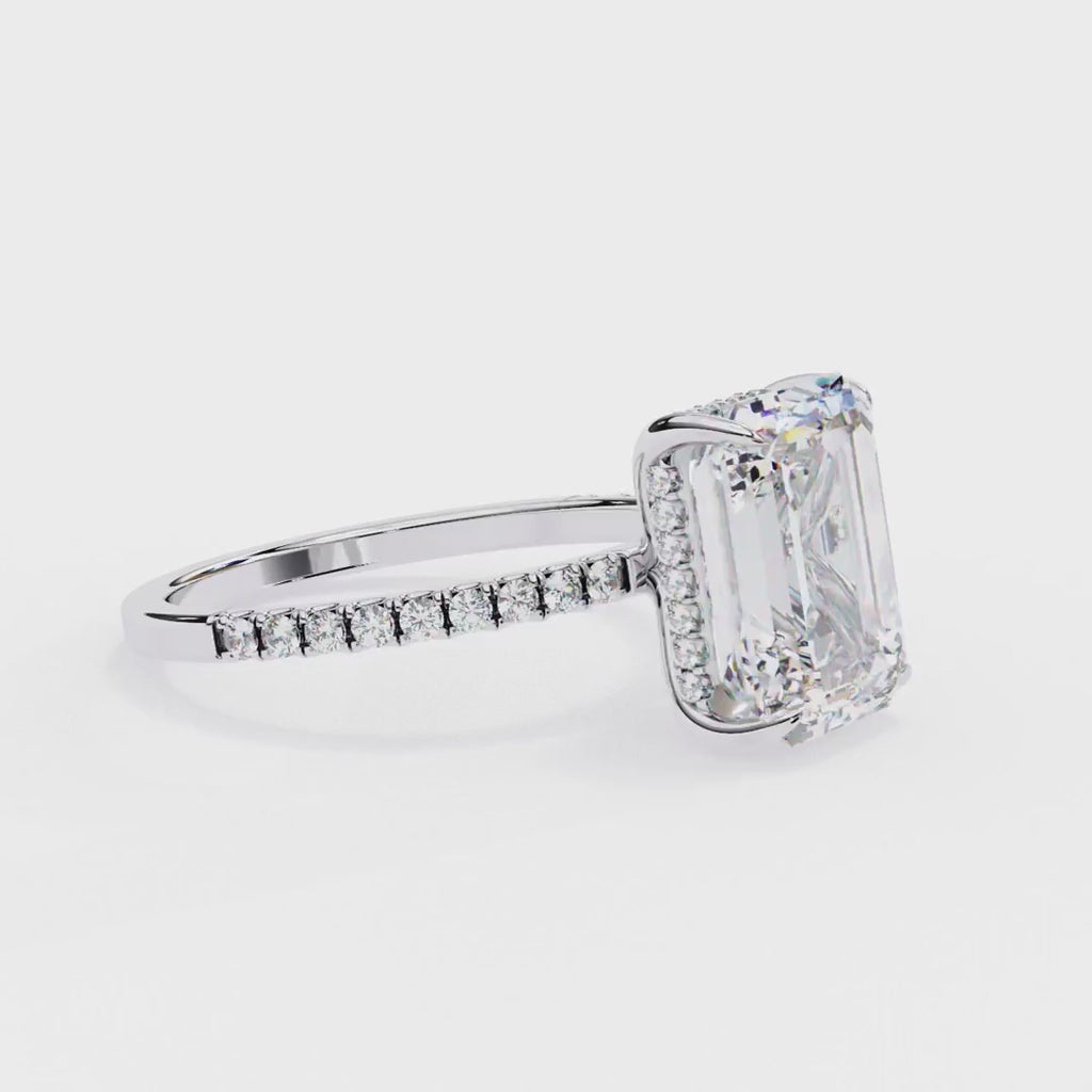 Emerald Cut Solitaire Hidden Halo Pave Band Ring in Gold