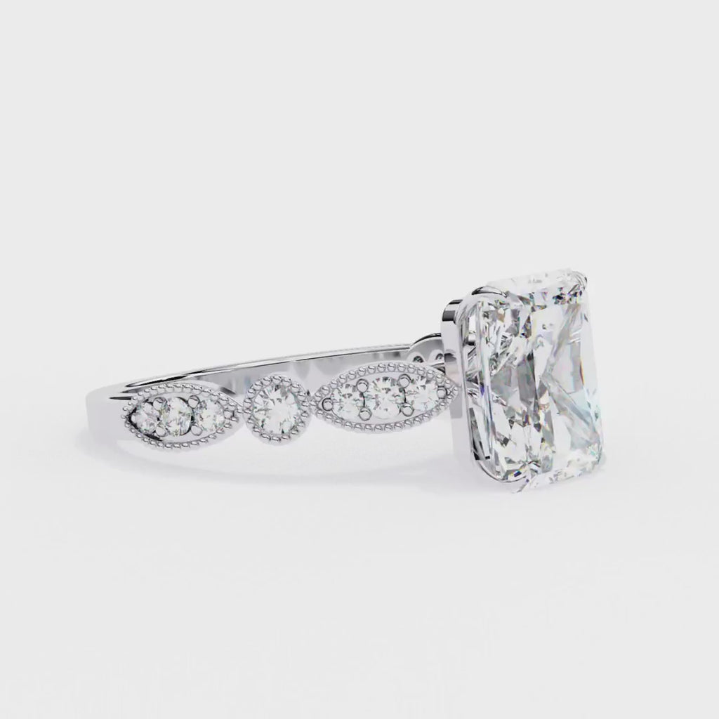 Radiant-cut diamond ring in Milgrain Cathedral setting
