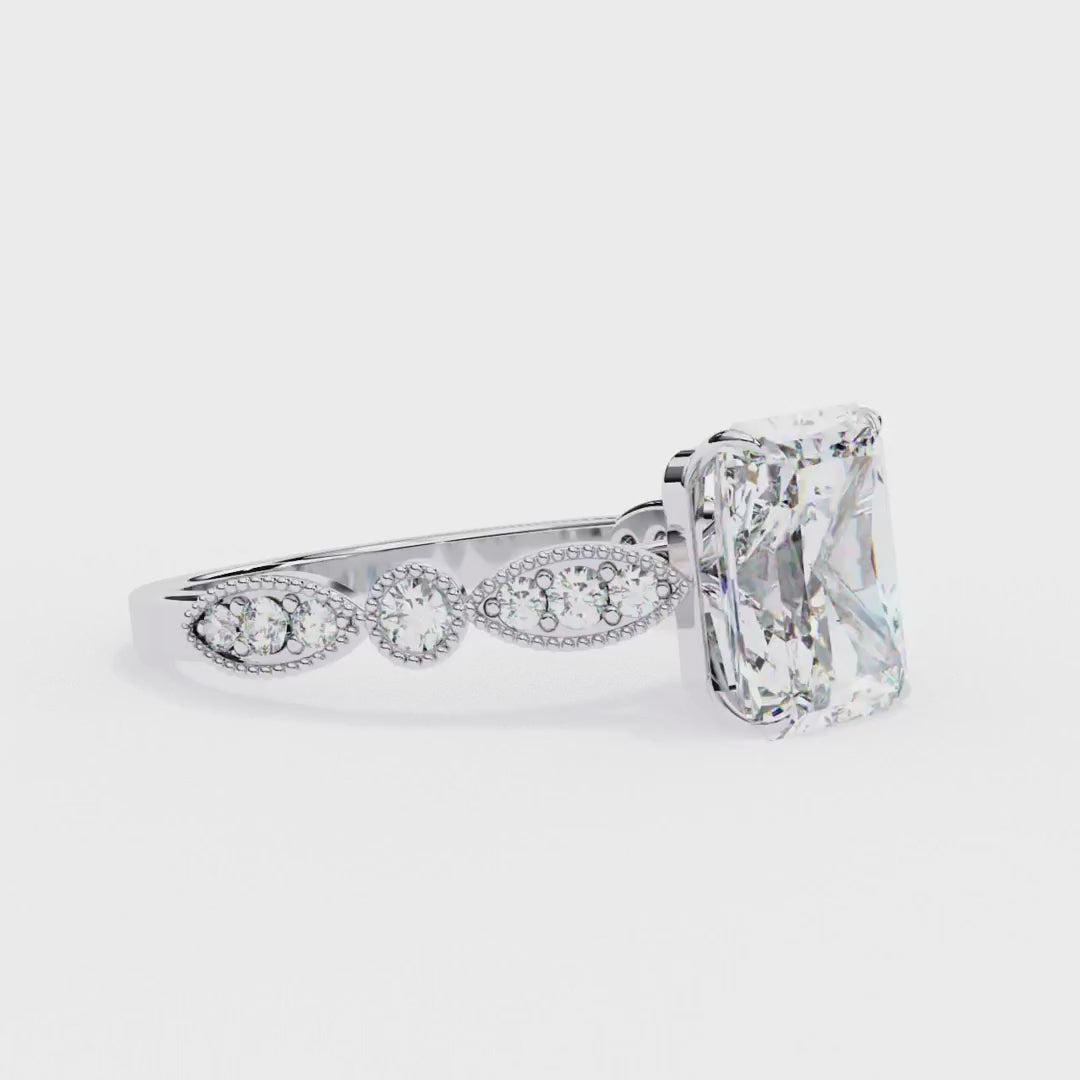 Radiant-cut diamond ring in Milgrain Cathedral setting
